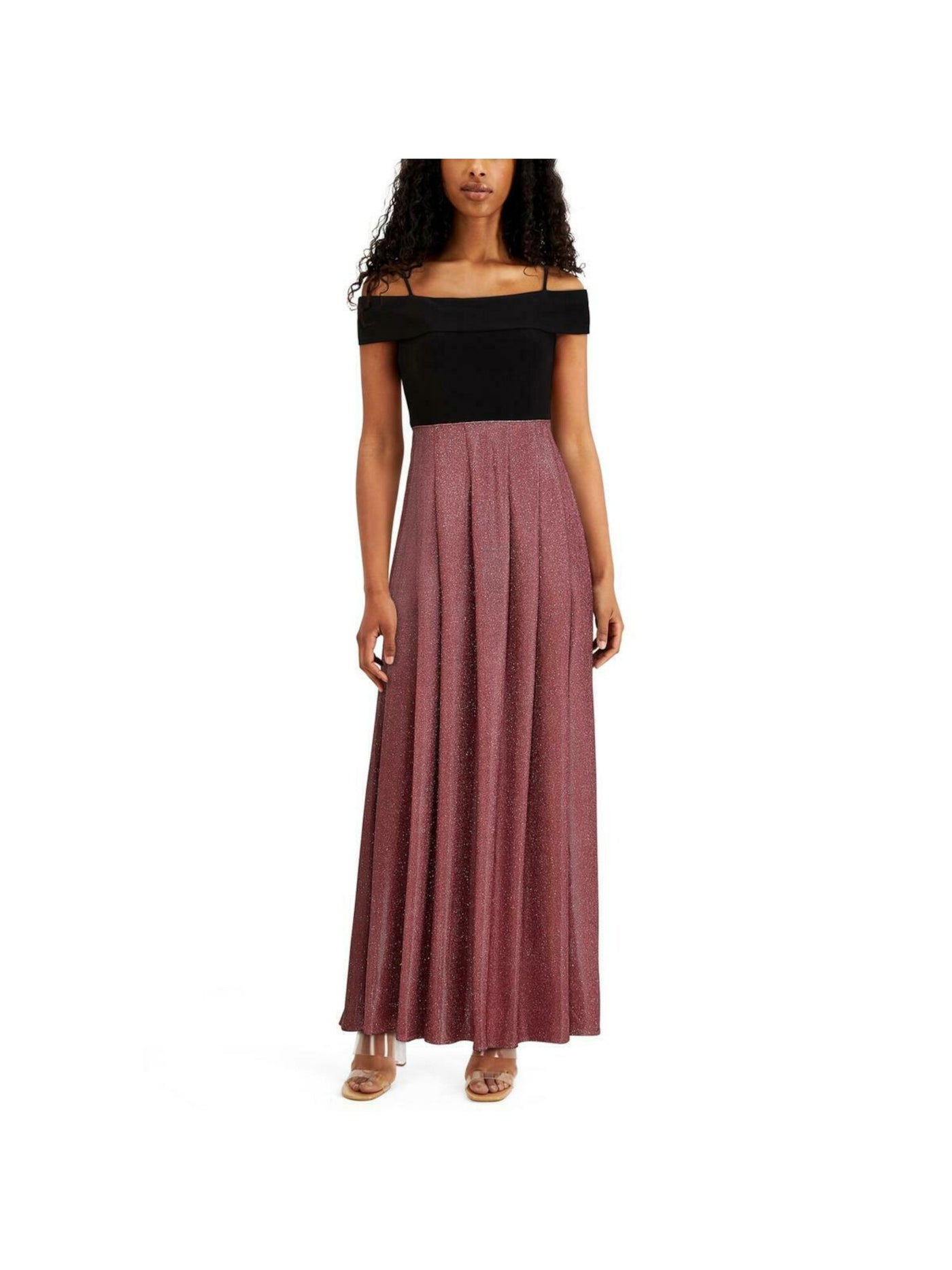 MORGAN & CO Womens Glitter Zippered Short Sleeve Off Shoulder Maxi Evening Fit + Flare Dress