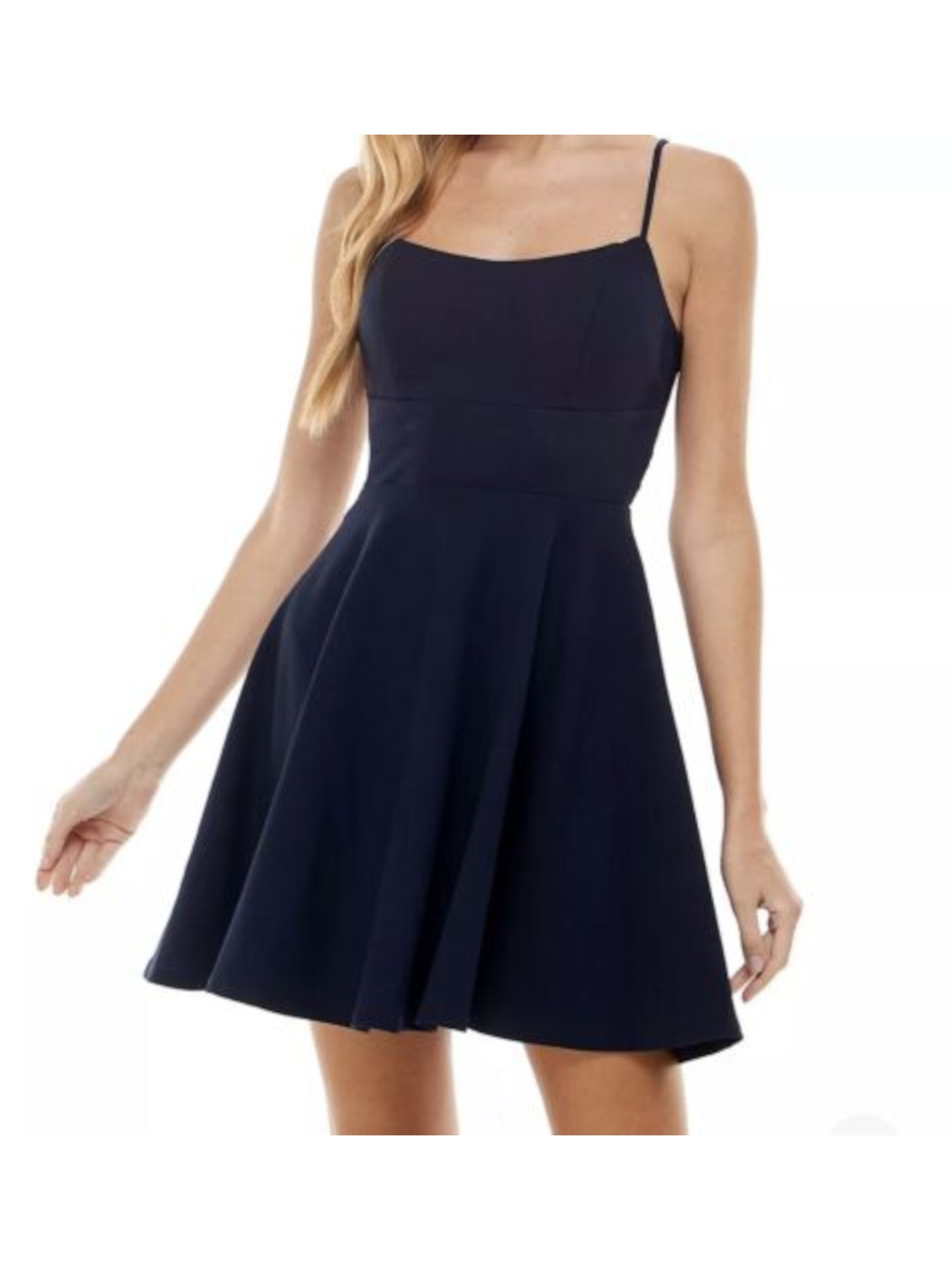 CITY STUDIO Womens Blue Stretch Zippered Lace Spaghetti Strap V Neck Mini Party Fit + Flare Dress 13