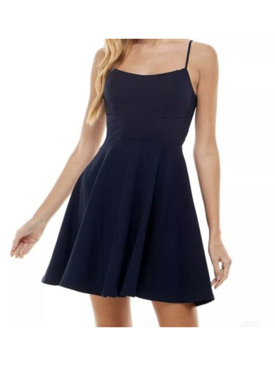 CITY STUDIO Womens Navy Stretch Zippered Lace Illusion Waist Spaghetti Strap V Neck Mini Party Fit + Flare Dress 11