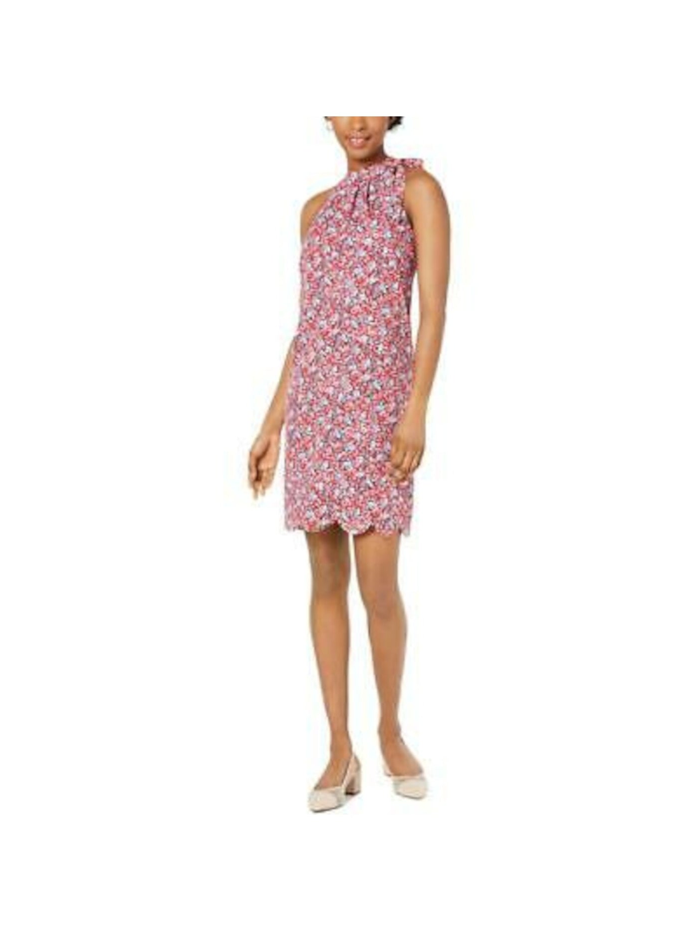 MAISON JULES Womens Red Ruffled Floral Sleeveless Crew Neck Short Cocktail Shift Dress XS