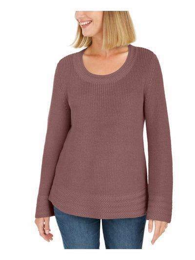 STYLE & COMPANY Womens Purple Textured  Knitted Printed Long Sleeve Scoop Neck T-Shirt Petites PL