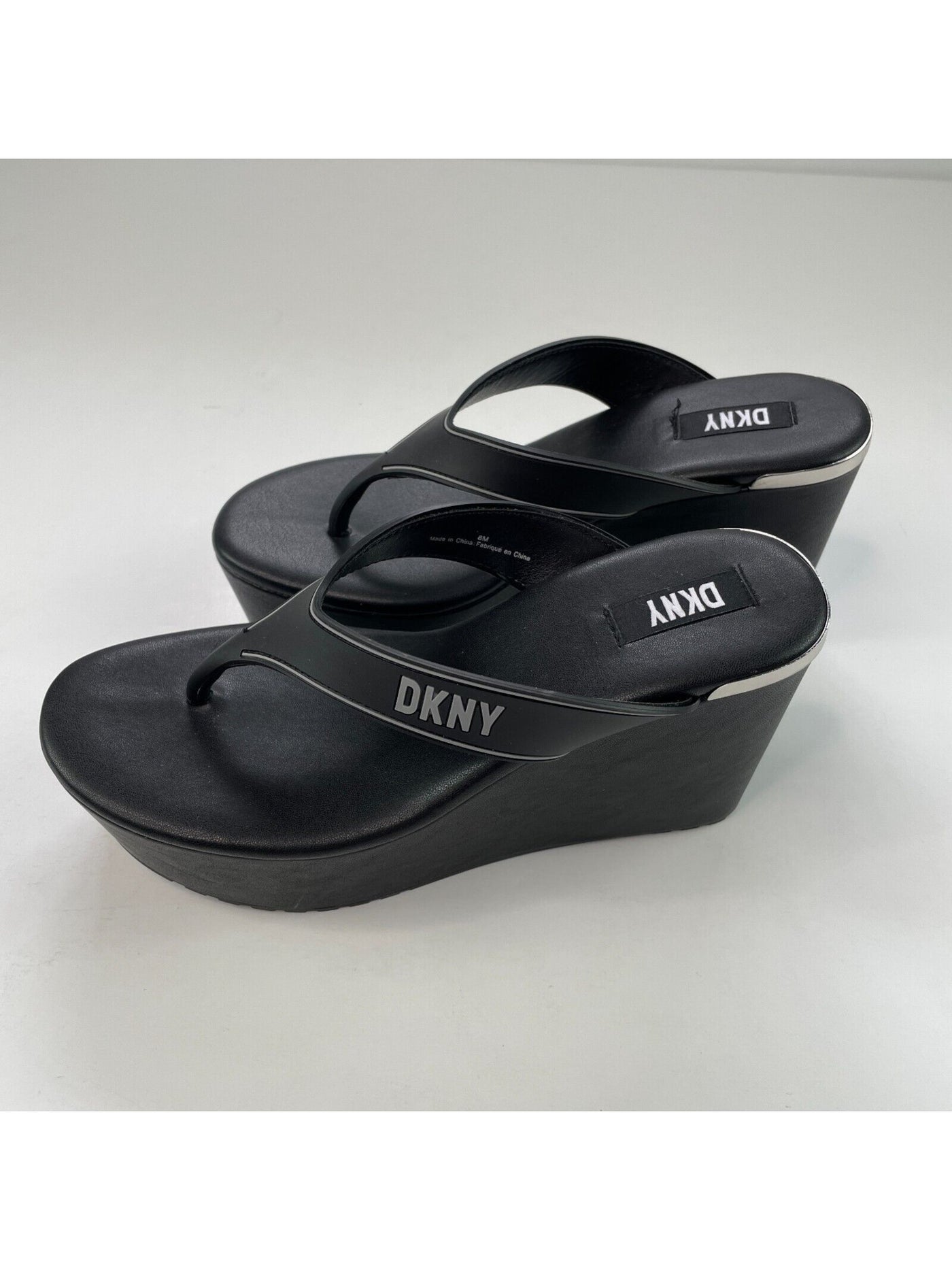 DKNY Womens Black 2" Platform Comfort Logo Trina Round Toe Wedge Slip On Thong Sandals Shoes 9 M