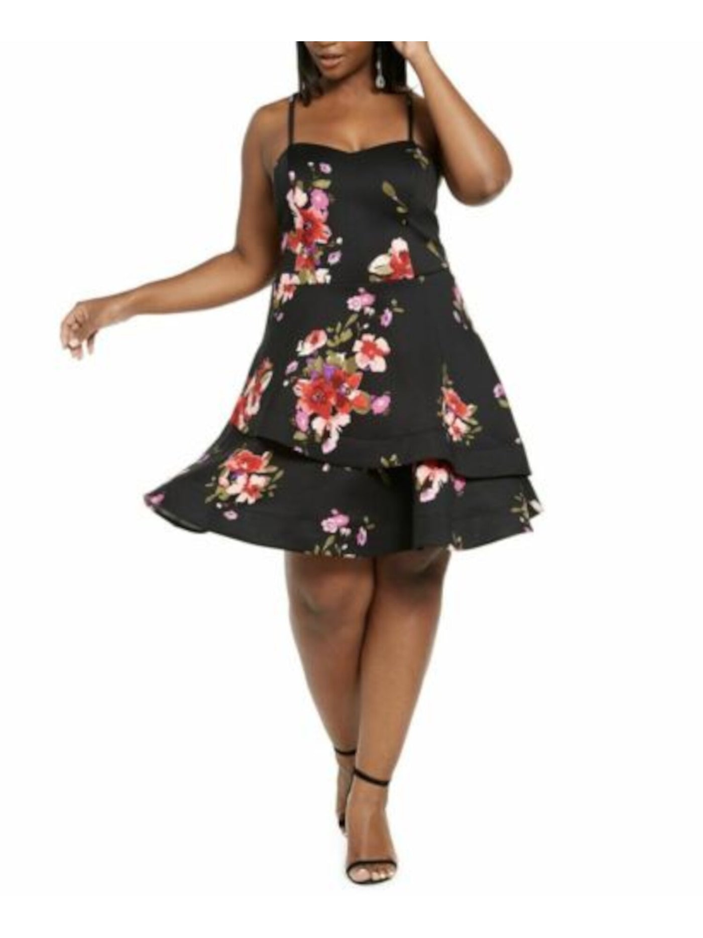 SEQUIN HEARTS Womens Black Ruffled Floral Spaghetti Strap Square Neck Knee Length Party Fit + Flare Dress 18
