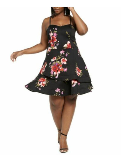 SEQUIN HEARTS Womens Black Ruffled Floral Spaghetti Strap Square Neck Knee Length Party Fit + Flare Dress 18