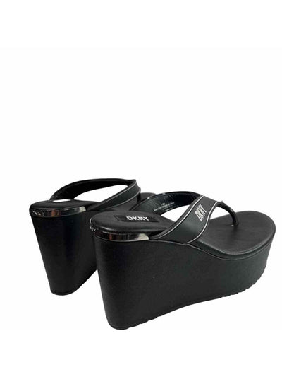 DKNY Womens Black 2" Platform Comfort Logo Trina Round Toe Wedge Slip On Thong Sandals Shoes 6 M