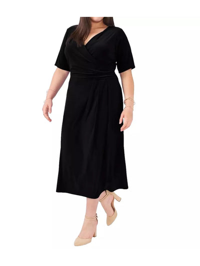 MSK WOMEN Womens Black Pleated Unlined Pullover Short Sleeve Surplice Neckline Midi Wear To Work Faux Wrap Dress Plus 1X