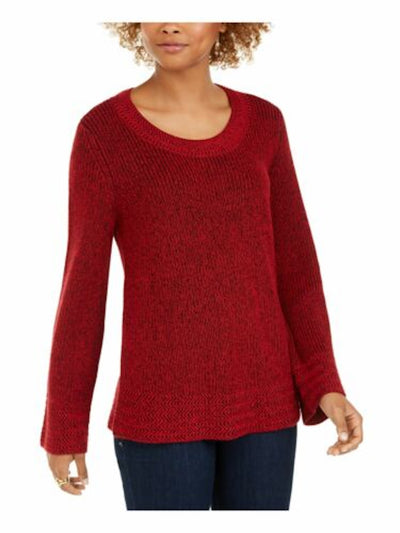 STYLE & COMPANY Womens Red Textured  Knitted Printed Long Sleeve Scoop Neck T-Shirt Petites PM