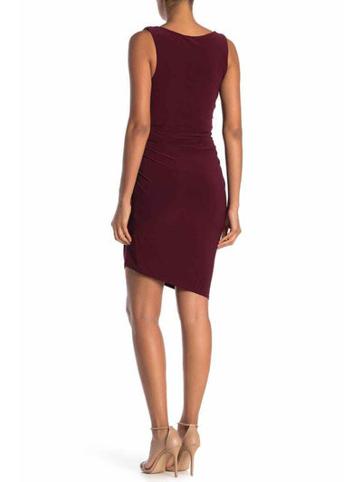 LAUNDRY Womens Burgundy Ruched Pleated Ruffled Lined Asymmetrical Hem Sleeveless Jewel Neck Above The Knee Party Body Con Dress 12