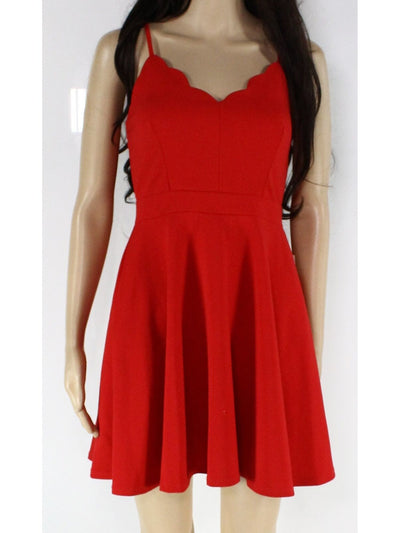 B DARLIN Womens Red Stretch Zippered Fitted Scalloped Detail Spaghetti Strap V Neck Mini Evening Fit + Flare Dress 13\14