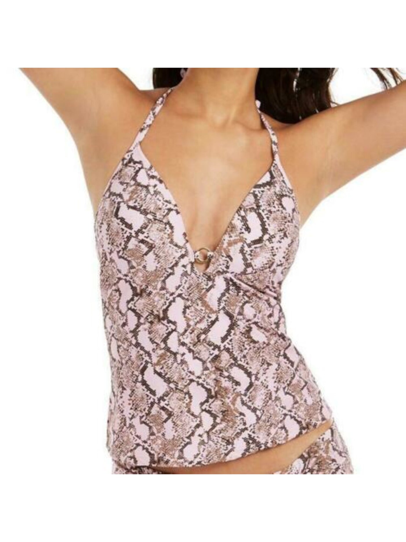 RACHEL RACHEL ROY Women's Pink Snake Print Stretch Ring Lined Adjustable Deep V Neck Fixed Cups Halter Tankini Swimsuit Top S