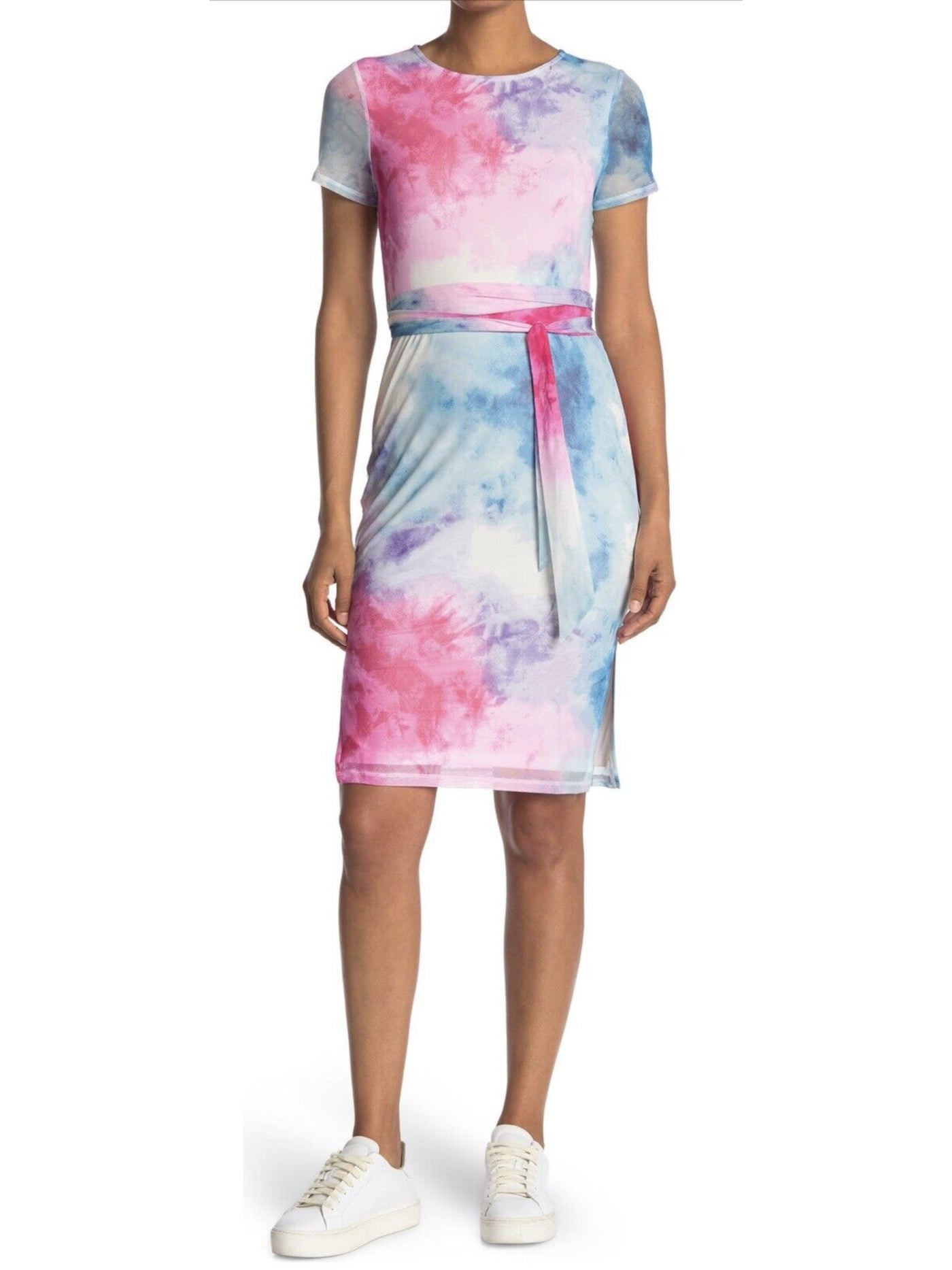 SAGE COLLECTIVE Womens White Belted Tie Dye Short Sleeve Knee Length Sheath Dress 10