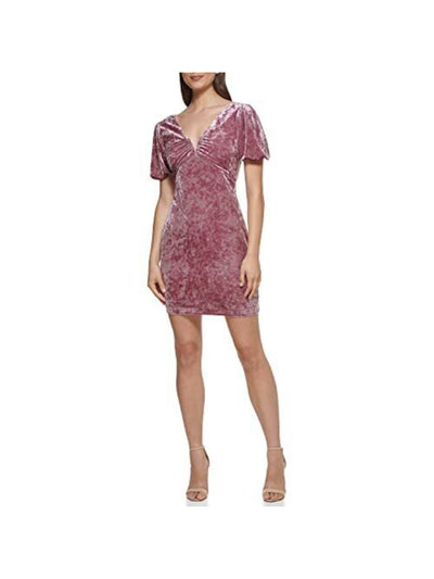 GUESS Womens Maroon Textured Zippered Shirred At Neck Line Pouf Sleeve V Neck Short Party Body Con Dress 12