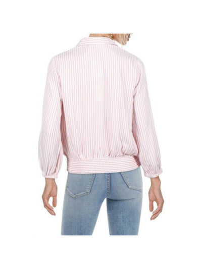 TWELVE O TWO Womens Pink Smocked Tie-front Striped Long Sleeve Collared Button Up Top L