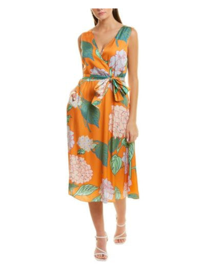 LAFAYETTE 148 Womens Orange Pocketed Tie Floral Sleeveless Surplice Neckline Midi Party Fit + Flare Dress 6