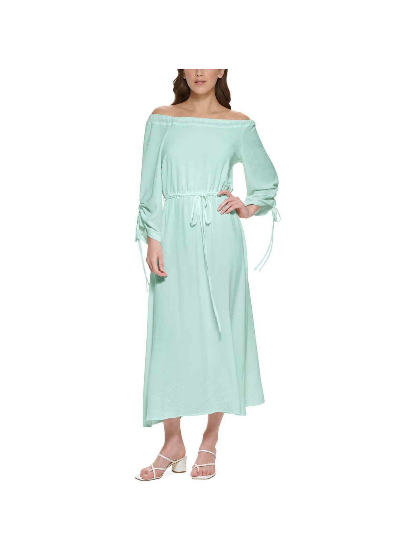 CALVIN KLEIN Womens Aqua Ruched Tie Long Sleeve Off Shoulder Maxi Blouson Dress 10