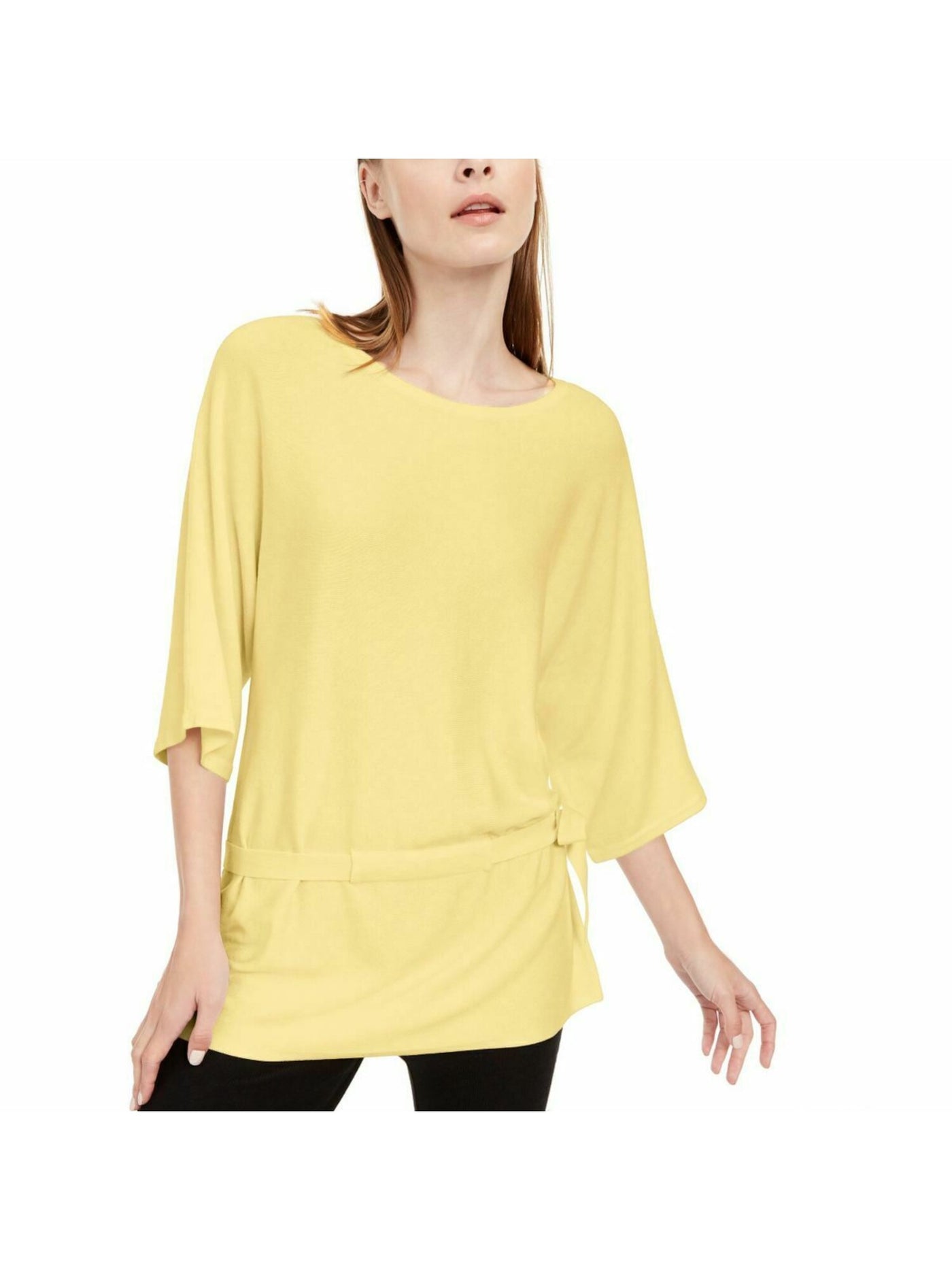 ALFANI Womens Yellow Tie-hem 3/4 Sleeve Scoop Neck Sweater L