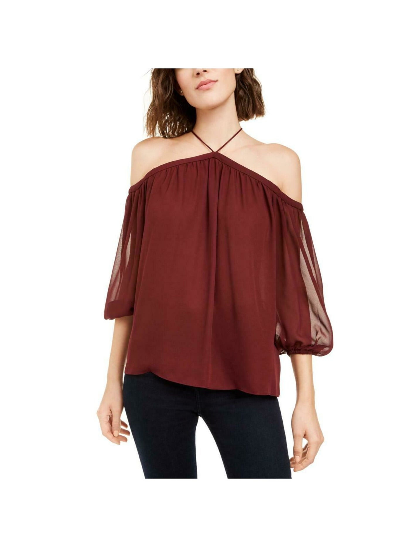 1. STATE Womens Maroon Cold Shoulder Sheer Sleeve, 3/4 Sleeve Halter Party Blouse XL