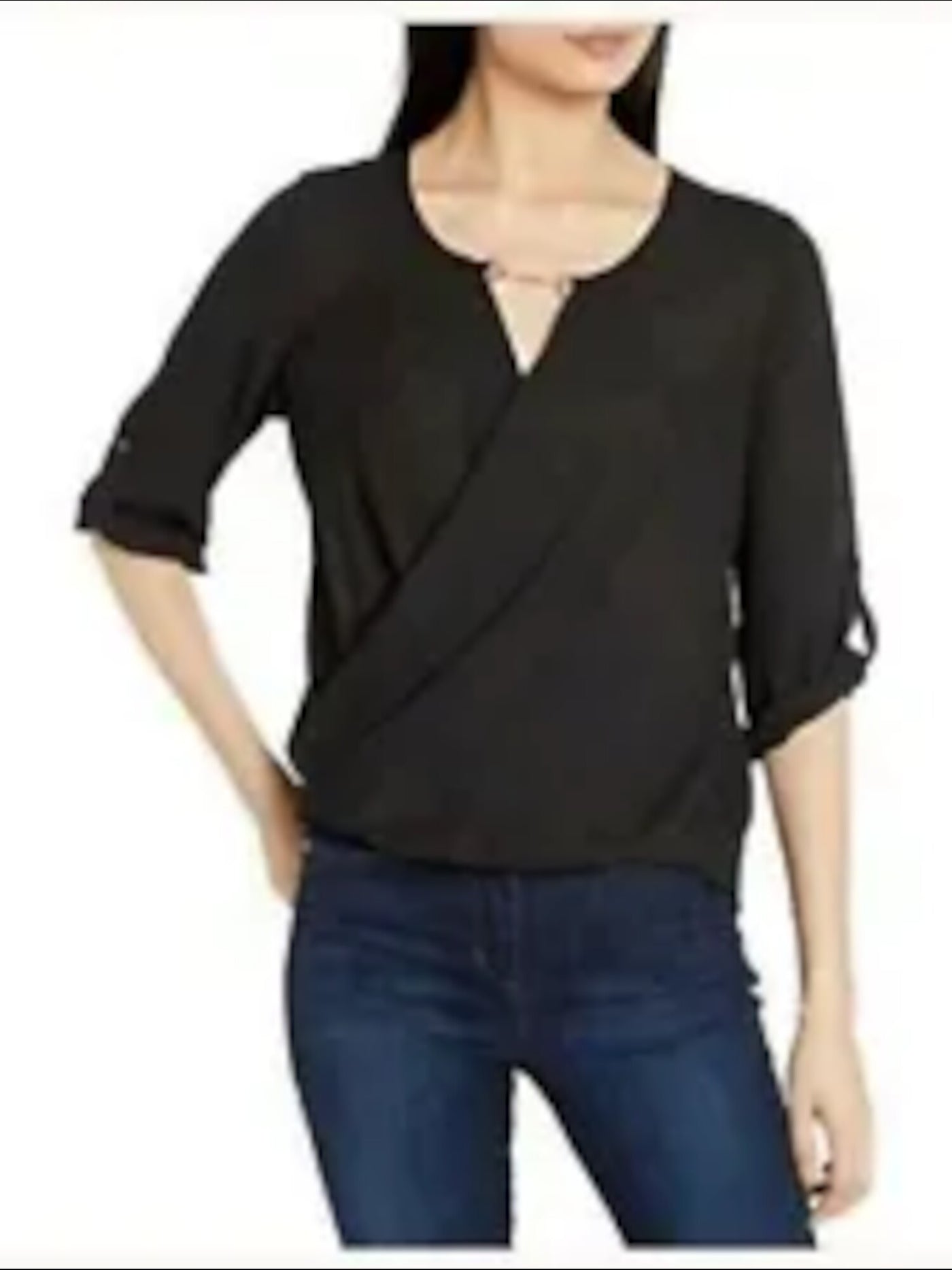 BCX Womens Black Cuffed Sleeve Keyhole Wrap Top Juniors M