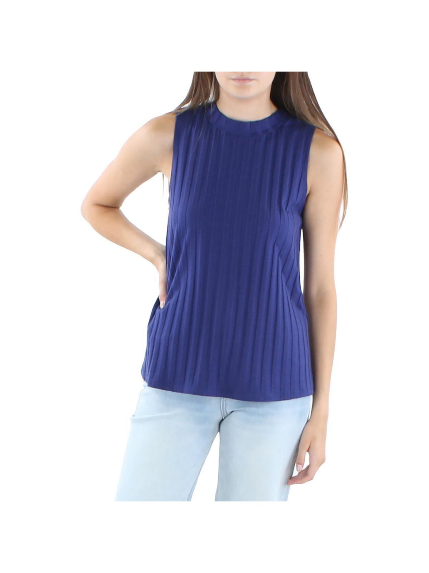 EILEEN FISHER PETITE Womens Blue Striped Sleeveless Crew Neck Top Petites PL