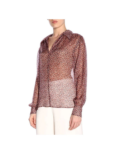 PHILOSOPHY Womens Red Metallic Sheer Unlined Animal Print Cuffed Sleeve Collared Wear To Work Blouse 10