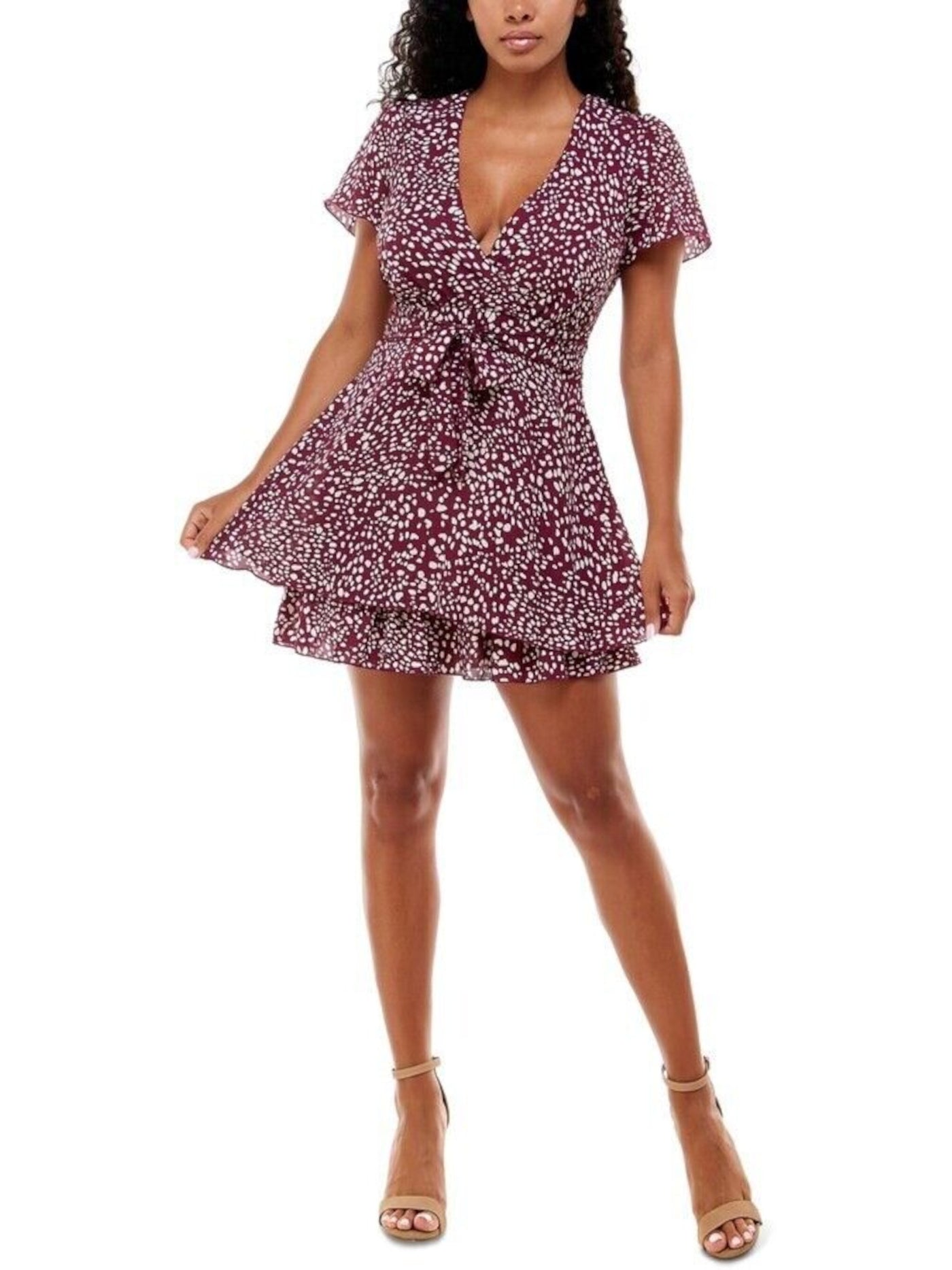EMERALD SUNDAE Womens Burgundy Zippered Tie Double Skirt Printed Short Sleeve Surplice Neckline Short Party Fit + Flare Dress 9