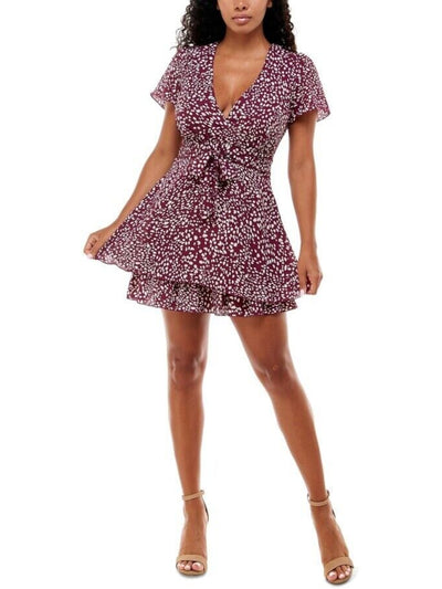 EMERALD SUNDAE Womens Purple Zippered Tie Double Skirt Printed Short Sleeve Surplice Neckline Short Party Fit + Flare Dress 3