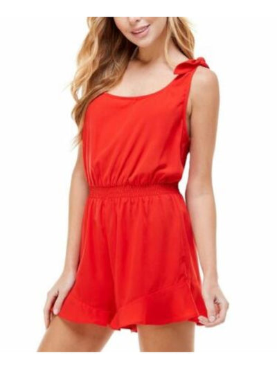 KINGSTON GREY Womens Red Ruffled Smocked Smocked Waist Keyhole Back Sleeveless Scoop Neck Wide Leg Romper XL