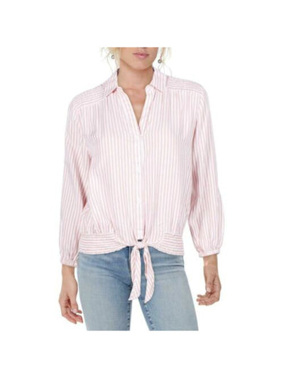 TWELVE O TWO Womens Smocked Tie-front Long Sleeve Collared Button Up Top