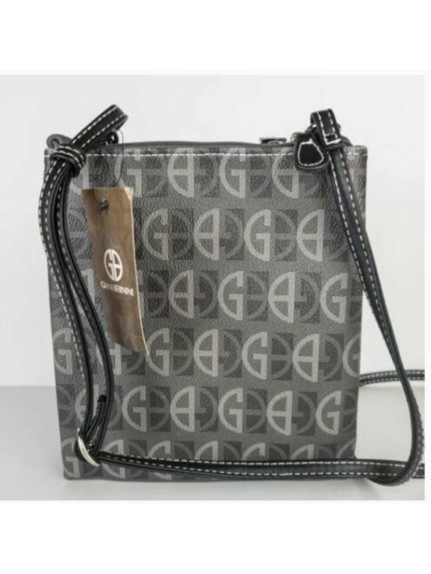 GIANI BERNINI Women's Gray Dasher Logo Polyester Center Stripes Adjustable Strap Crossbody Handbag Purse