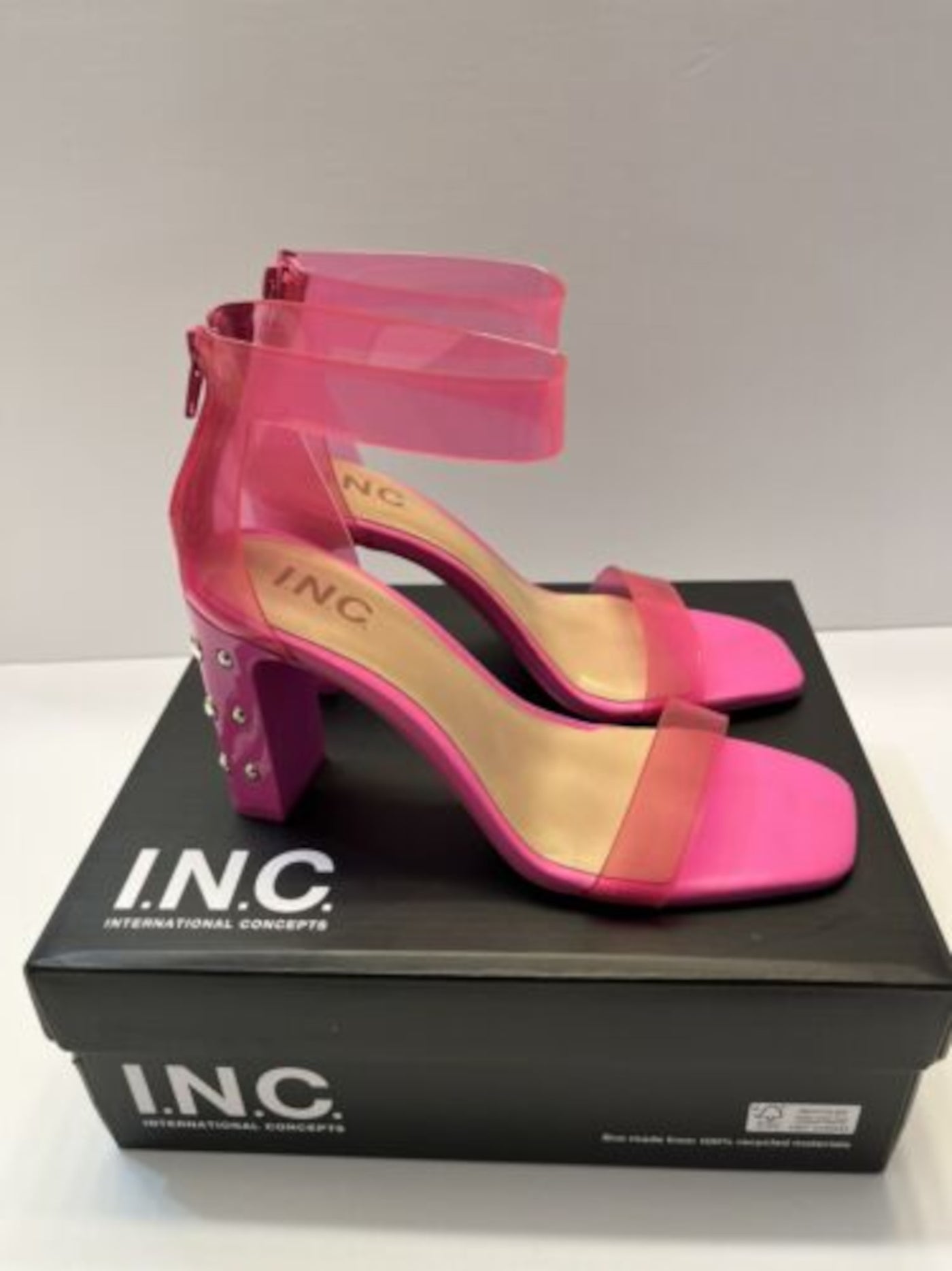 INC Womens Pink Studded Transparent Ankle Strap Cushioned Makenna Square Toe Block Heel Zip-Up Dress Heeled Sandal 5 M