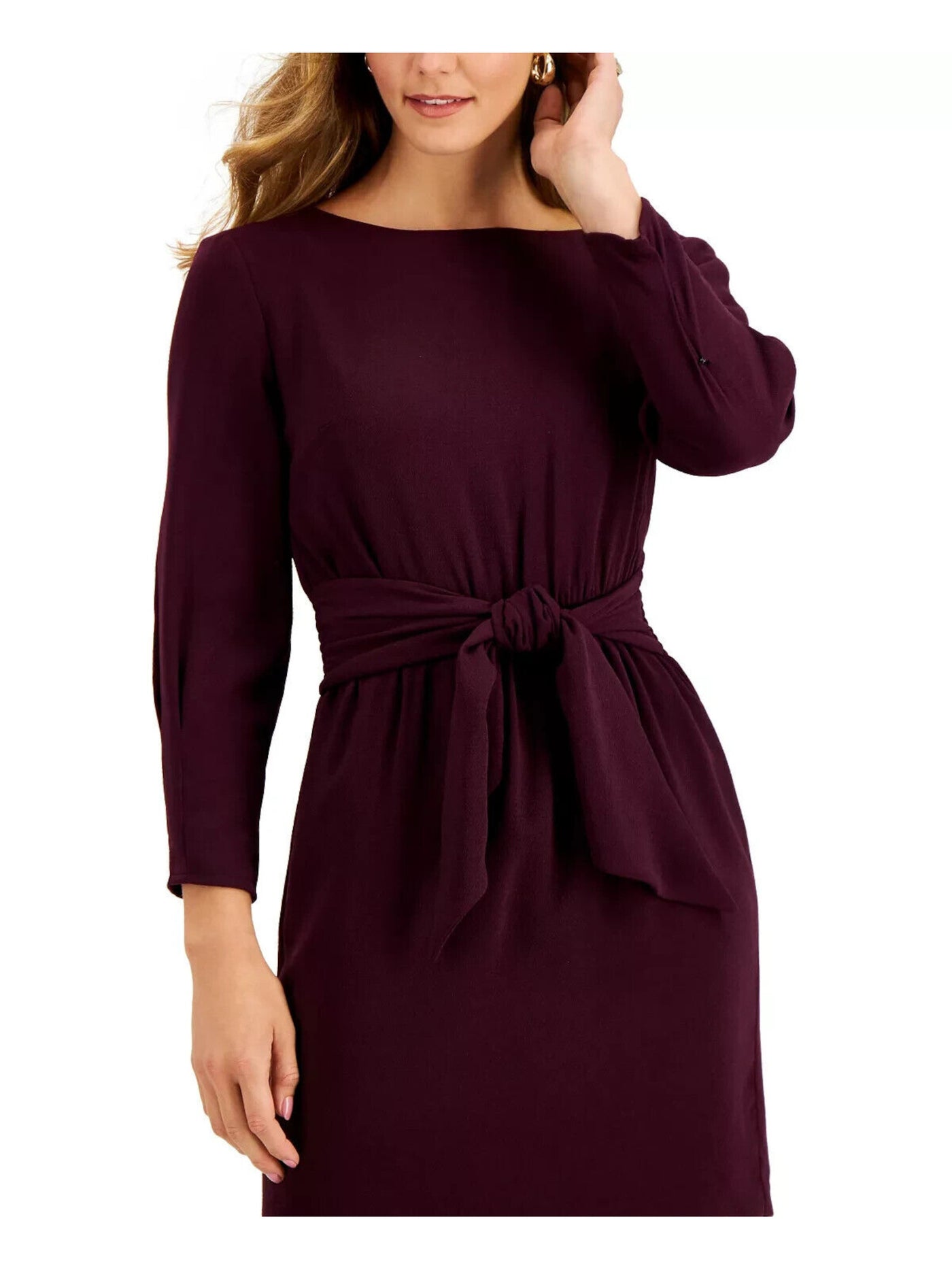 VINCE CAMUTO Womens Purple Smocked Pleated Self Tie Waist Scuba Crepe Butto 3/4 Sleeve Boat Neck Above The Knee Wear To Work Sheath Dress Petites 16P