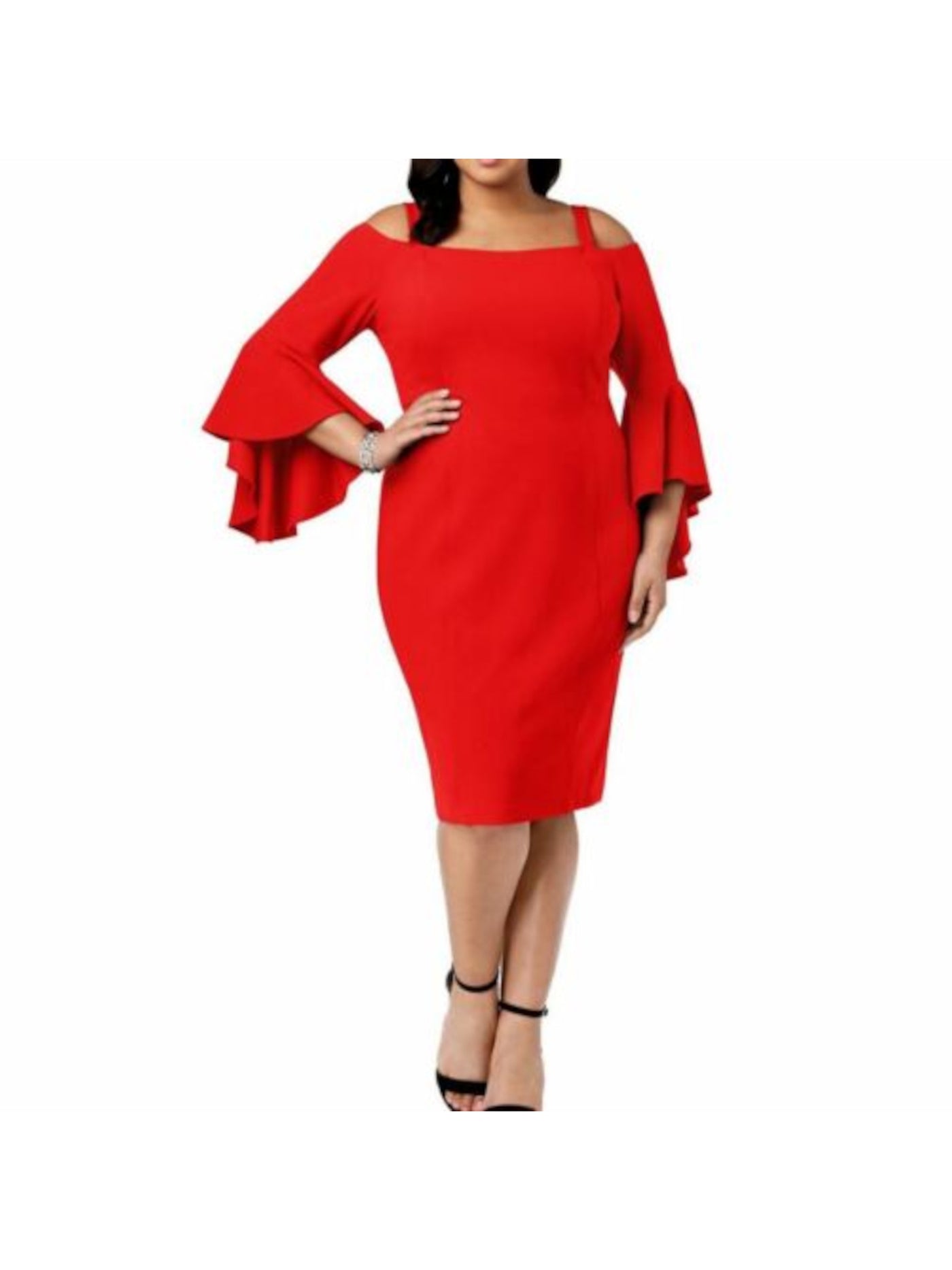 R&M RICHARDS WOMAN Womens Red Stretch Zippered Removable Strap Flared Sleeves 3/4 Sleeve Off Shoulder Knee Length Party Sheath Dress Plus 22W