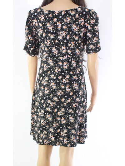ULTRA FLIRT Womens Black Ruched Tie Pullover Styling Floral Short Sleeve V Neck Short Fit + Flare Dress XS