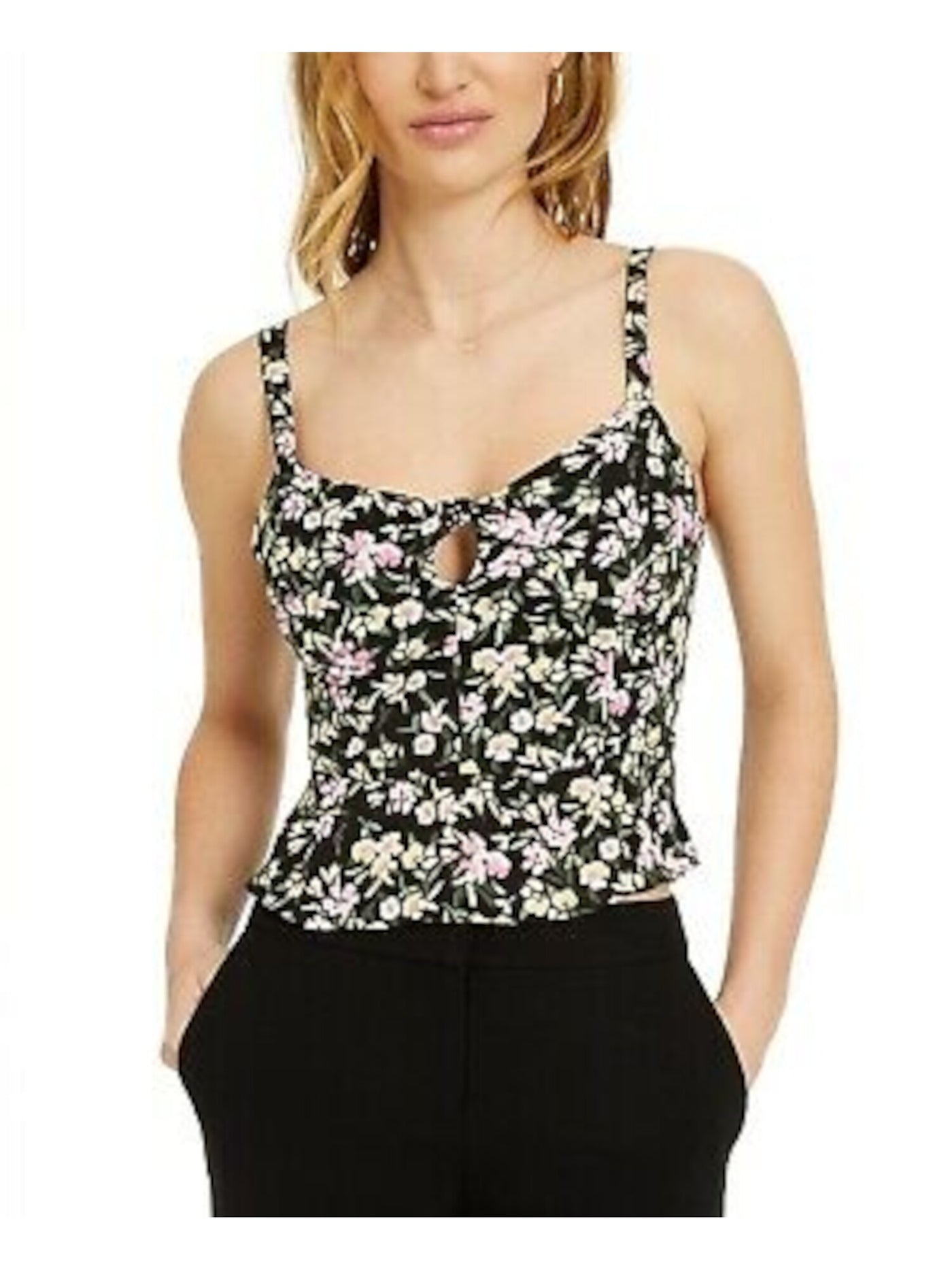 BAR III Womens Black Floral Spaghetti Strap Square Neck Top Size: M