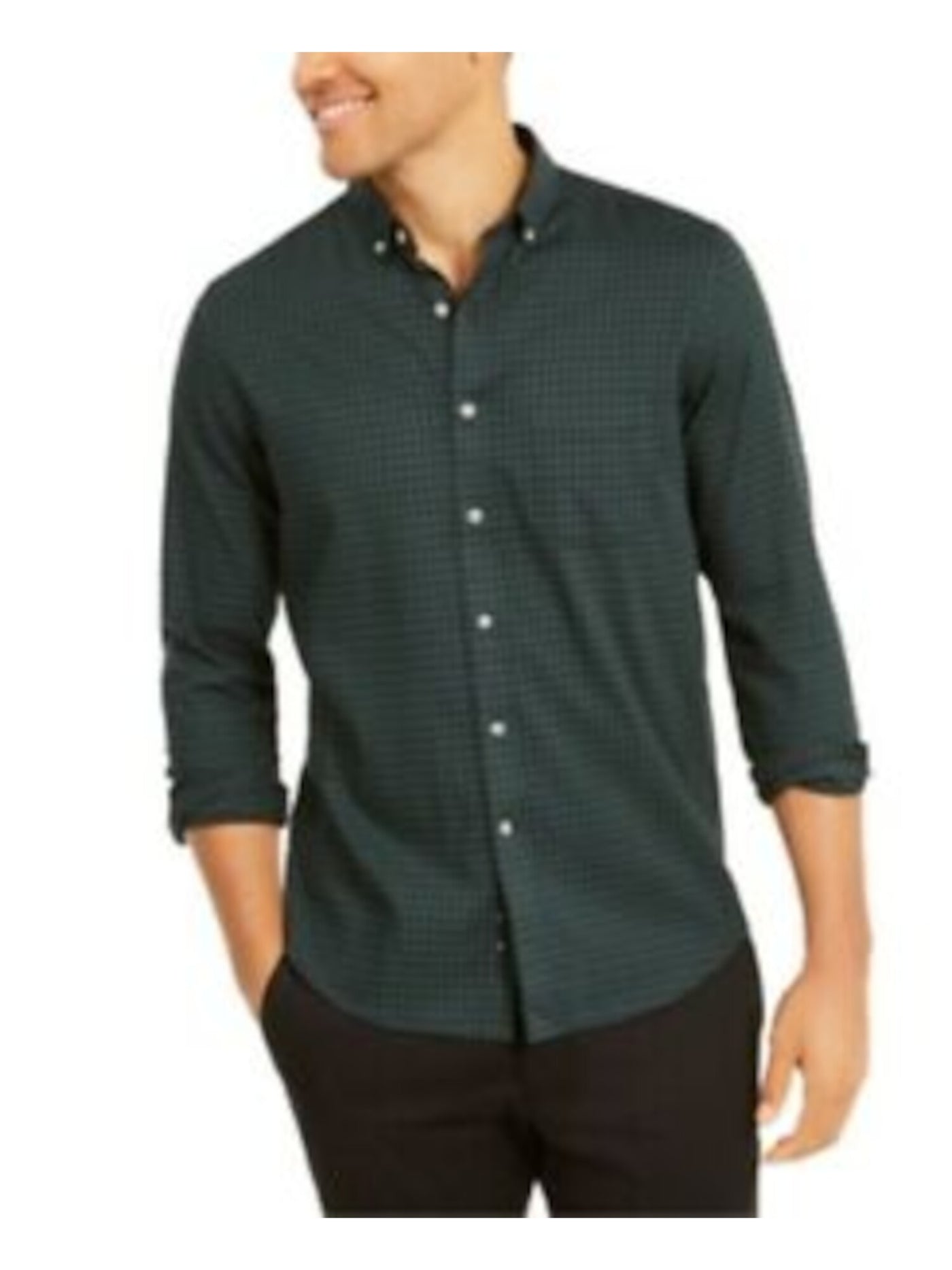 CLUBROOM Mens Green Gingham Button Down Stretch Casual Shirt S