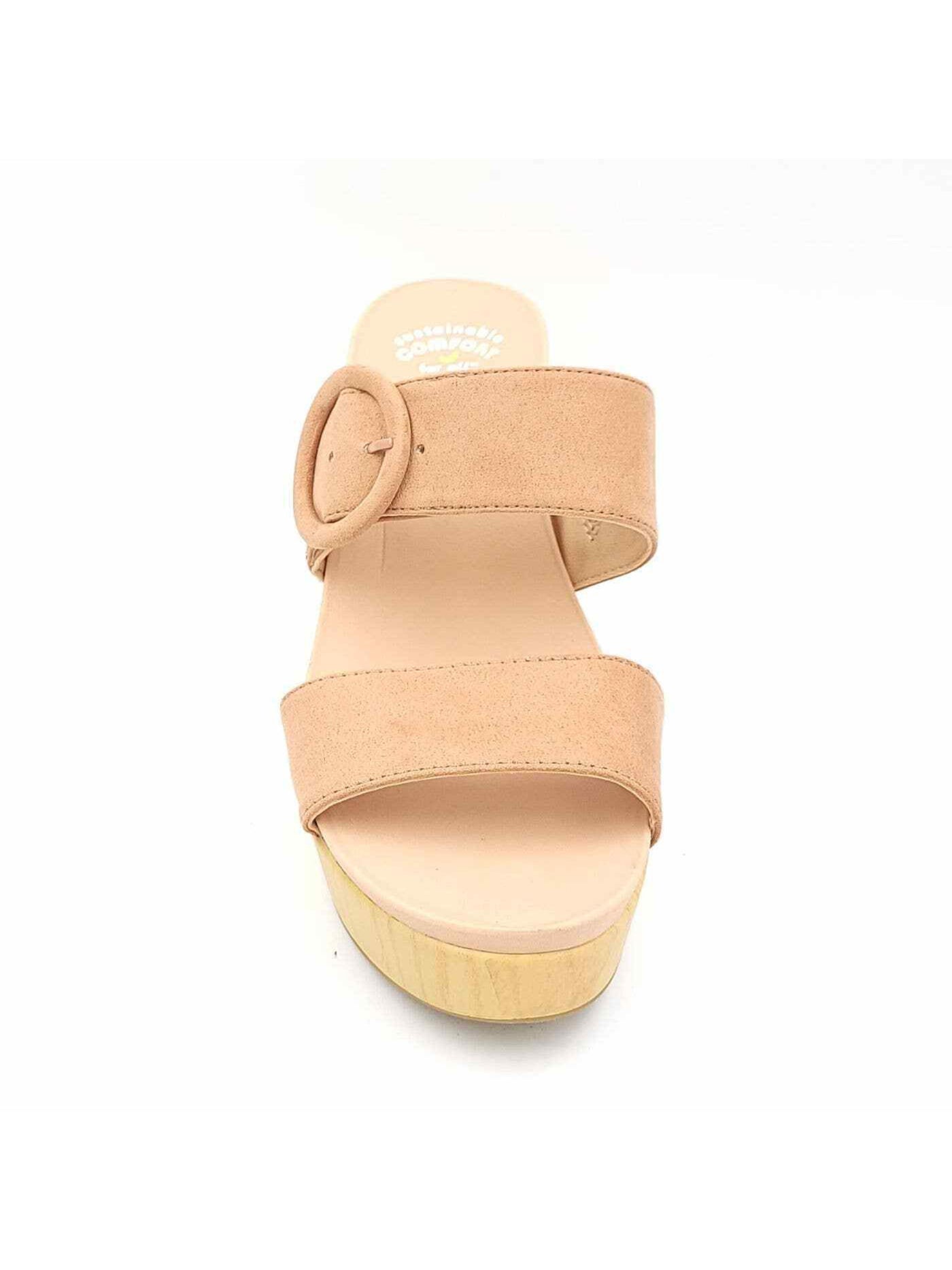 DR SCHOLLS Womens Beige Comfort 1-1/2" Platform Buckle Accent Goring Bayside Round Toe Block Heel Slip On Heeled Sandal 11 M