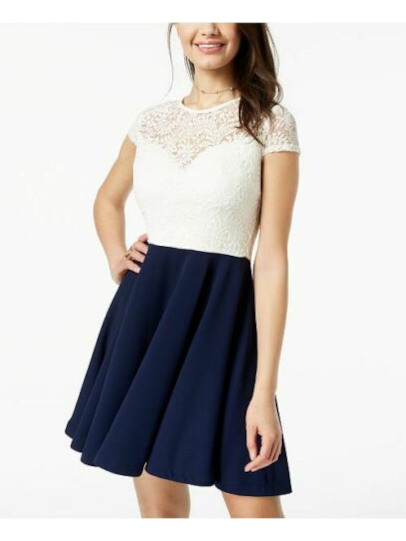 B DARLIN Womens Navy Stretch Zippered Tie Lace Color Block Short Sleeve Crew Neck Short Party Fit + Flare Dress 9\10