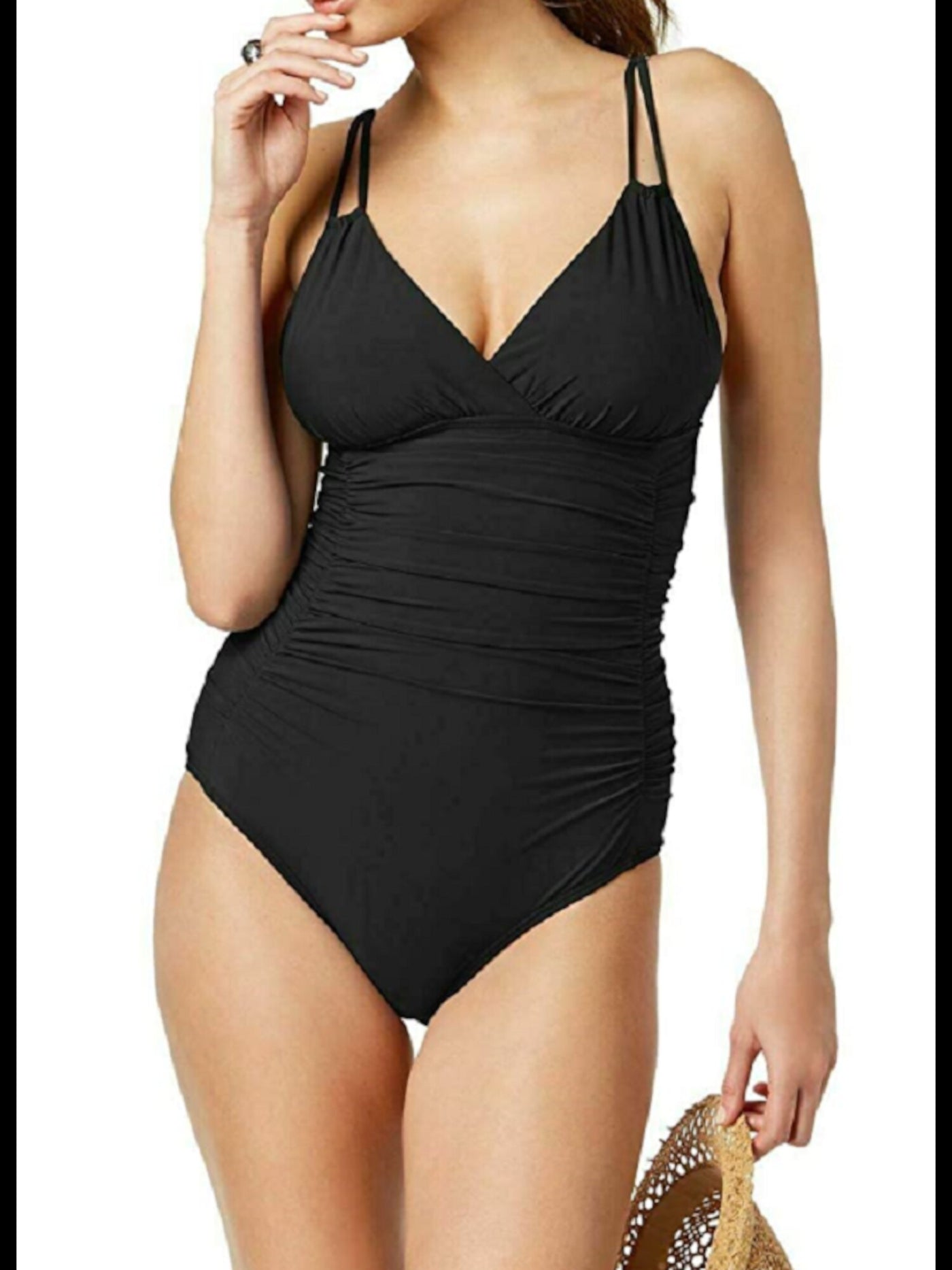 CALVIN KLEIN Women's Black Stretch Shirred Lined Fixed Cups Surplice Neck Moderate Coverage Liquid One Piece Swimsuit 14