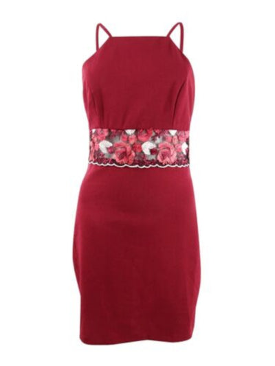 TEEZE ME Womens Red Stretch Zippered Embroidered Mesh Inset Sleeveless Square Neck Short Party Sheath Dress 9\10