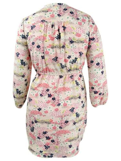 MAISON JULES Womens Pink Drawstring Floral Long Sleeve V Neck Short Shirt Dress S