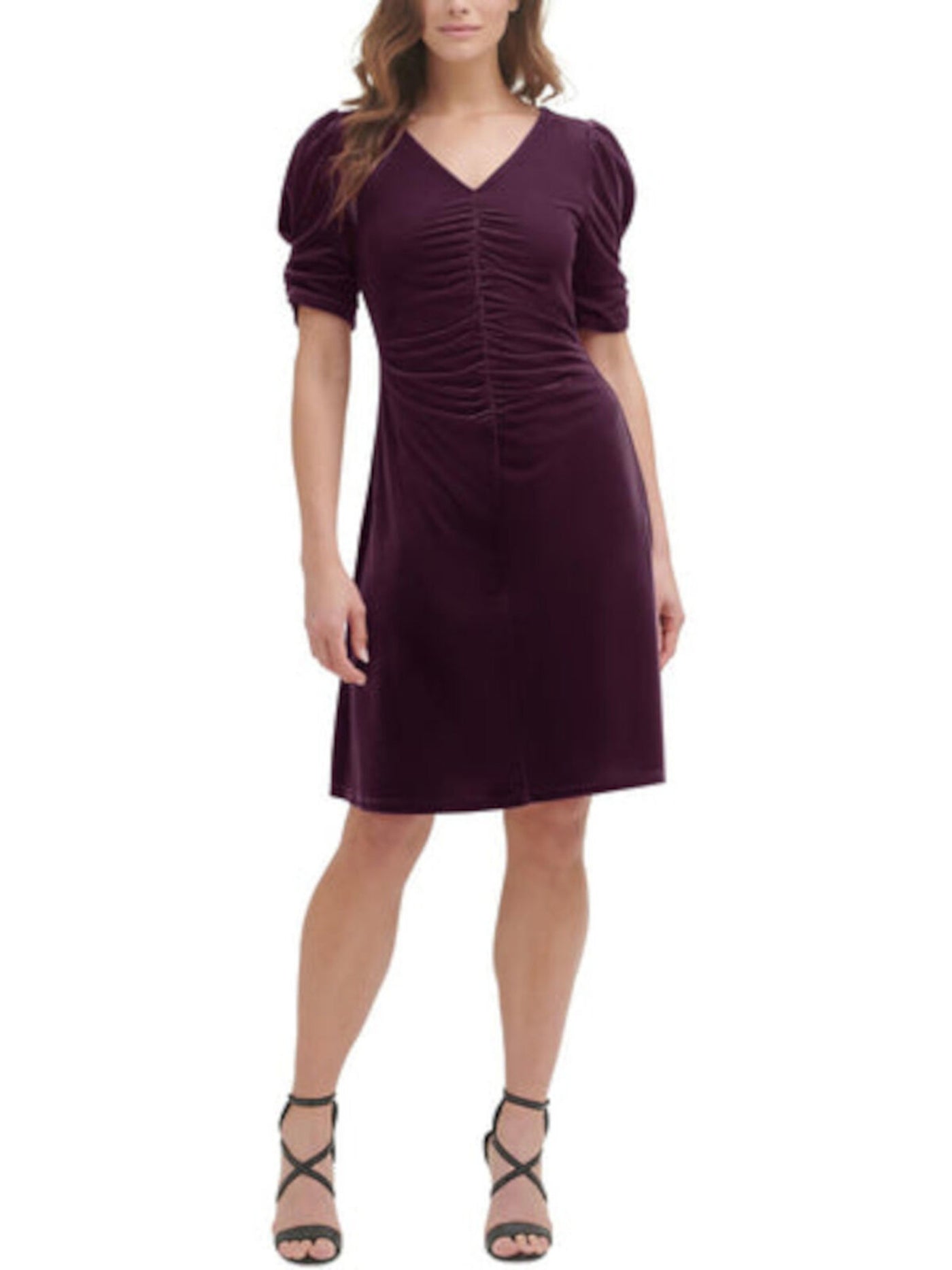 DKNY Womens Purple Ruched Zippered Velvet Textured Unlined Pouf Sleeve V Neck Knee Length Party Sheath Dress 16