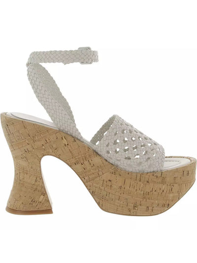 PALOMA BARCELO Womens White Padded Woven Ankle Strap Almond Toe Flare Buckle Leather Heeled Sandal 38