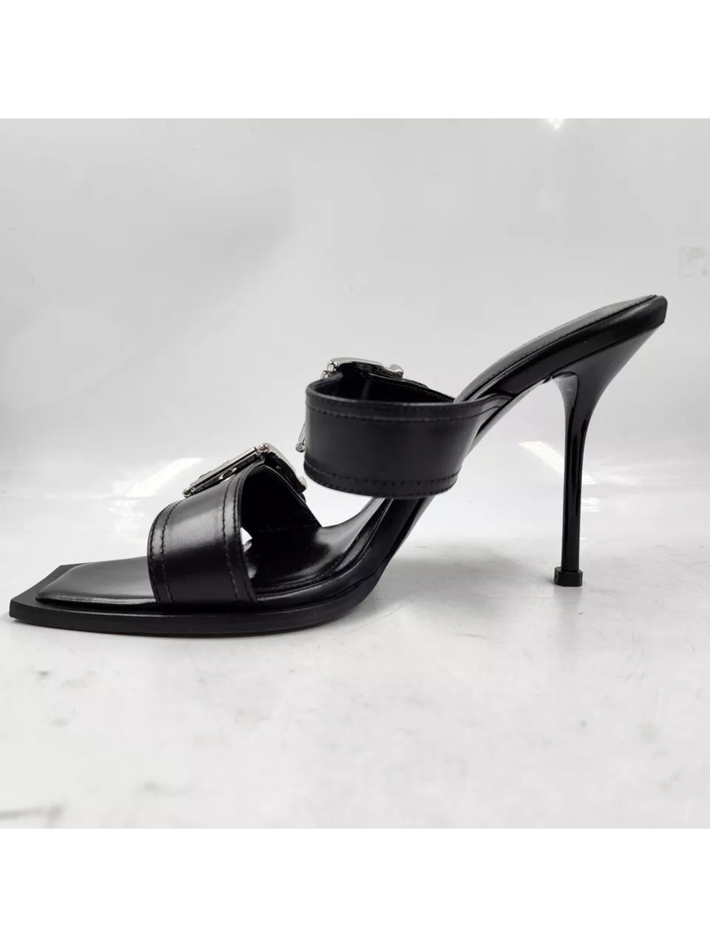 ALEXANDER MCQUEEN Womens Black Buckled Straps Padded Square Toe Stiletto Slip On Leather Dress Heeled Sandal 37