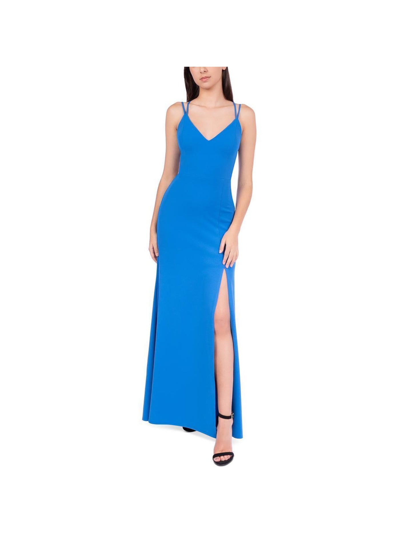 B DARLIN Womens Blue Zippered Lined Lace-up Open Back Thigh-hi Slit Spaghetti Strap V Neck Full-Length Gown Prom Dress 3\4