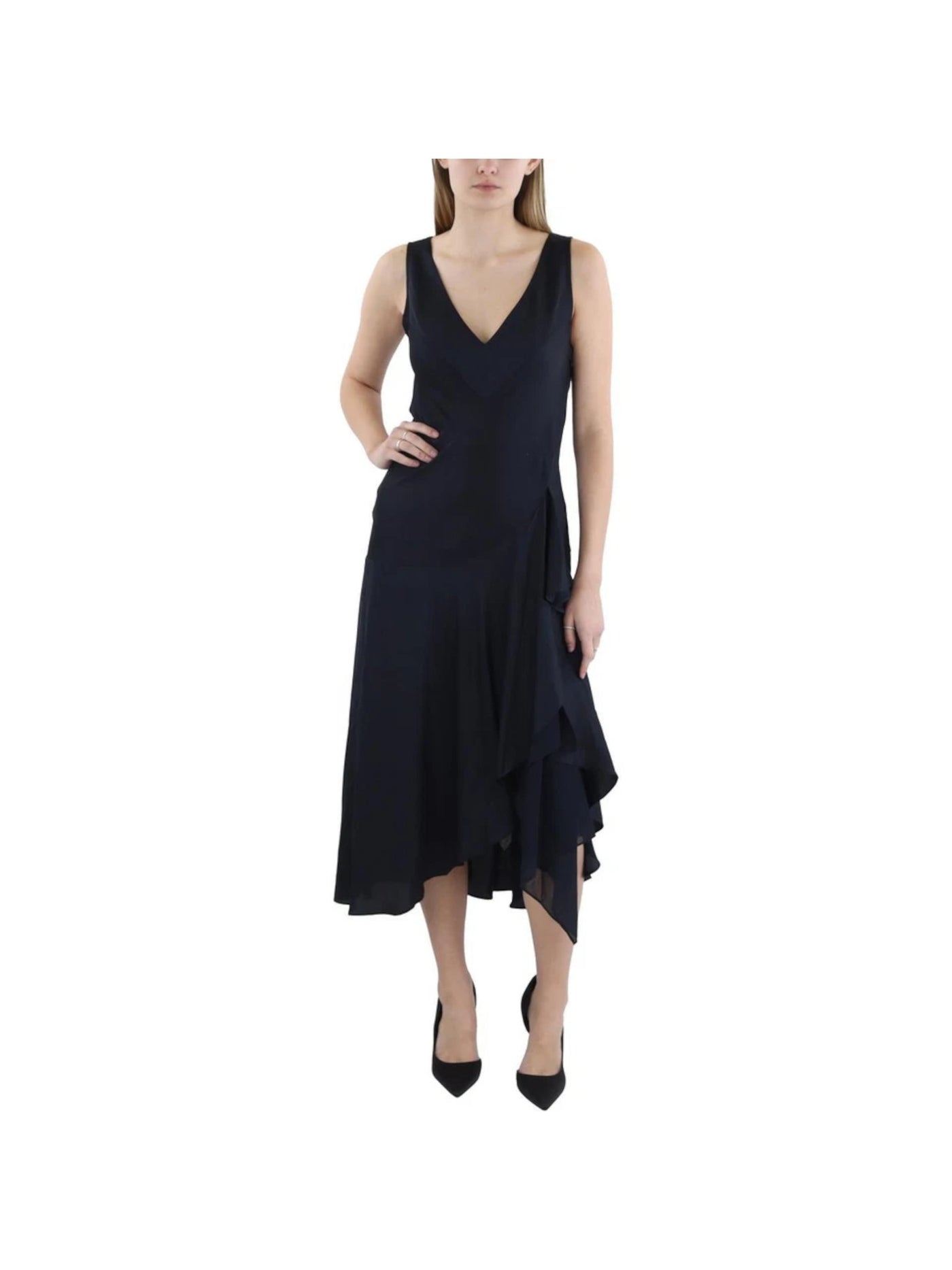DONNA KARAN NEW YORK Womens Navy Zippered Ruffled Asymmetric Unlined Sleeveless V Neck Midi Party Sheath Dress 0