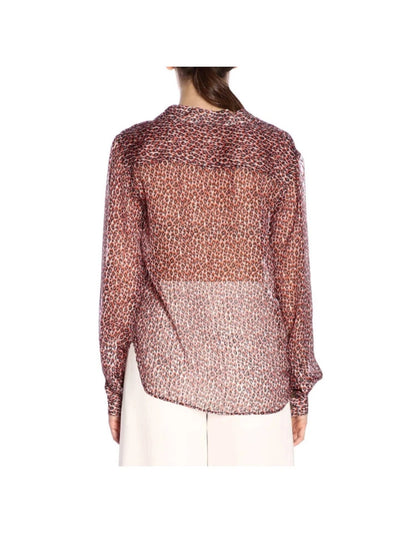 PHILOSOPHY Womens Red Metallic Sheer Unlined Animal Print Cuffed Sleeve Collared Wear To Work Blouse 10