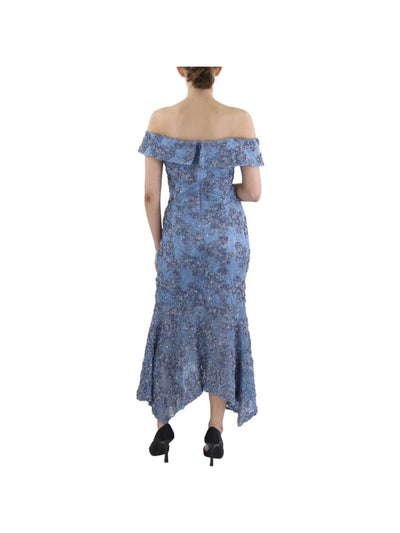 XSCAPE Womens Blue Embroidered Sequined Lace Lined Handkerchief Hem Short Sleeve Off Shoulder Tea-Length Party Mermaid Dress 4