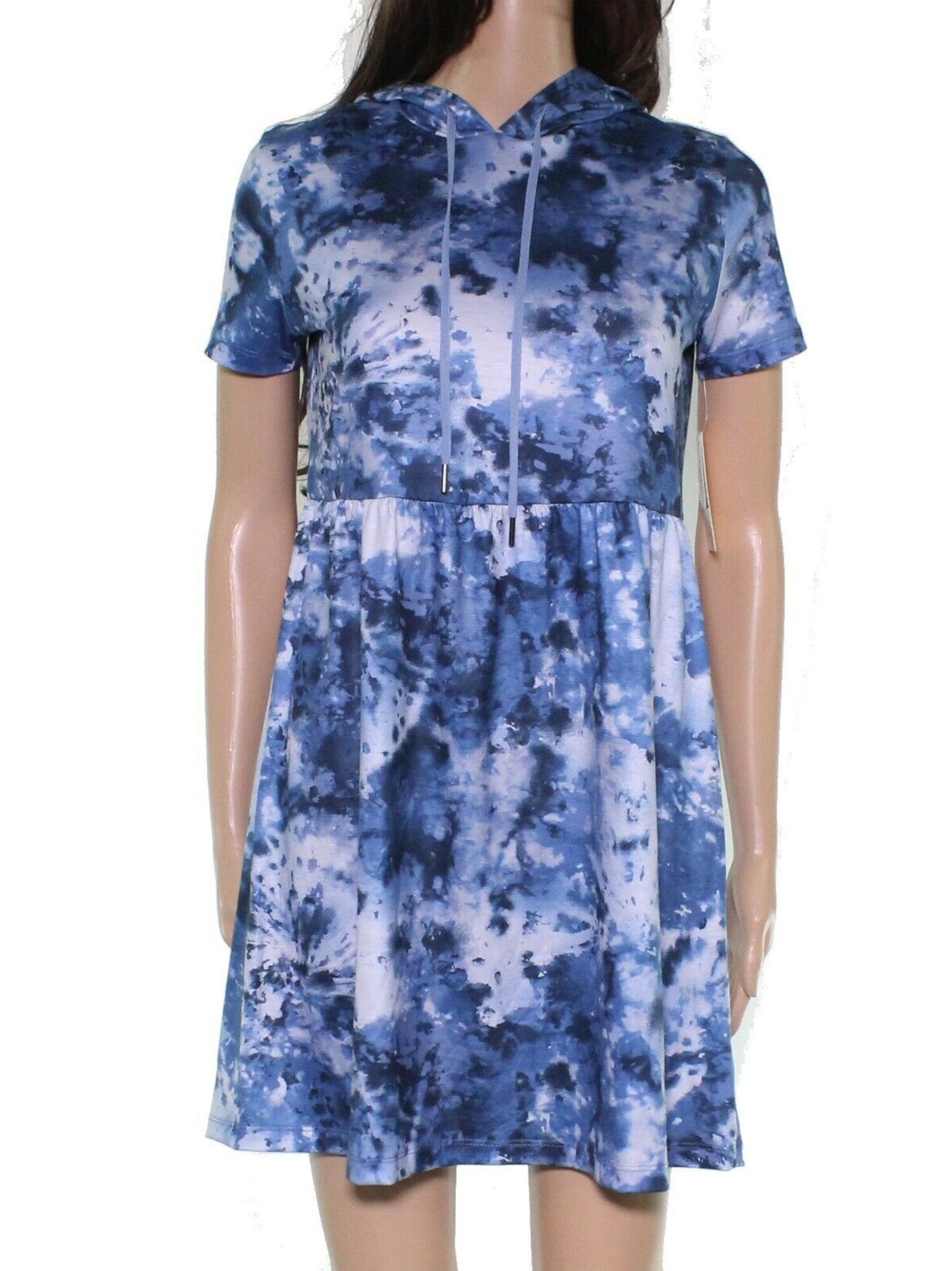 BEBOP Womens Blue Stretch Hooded Tie Dye Short Sleeve Crew Neck Above The Knee Fit + Flare Dress XXS