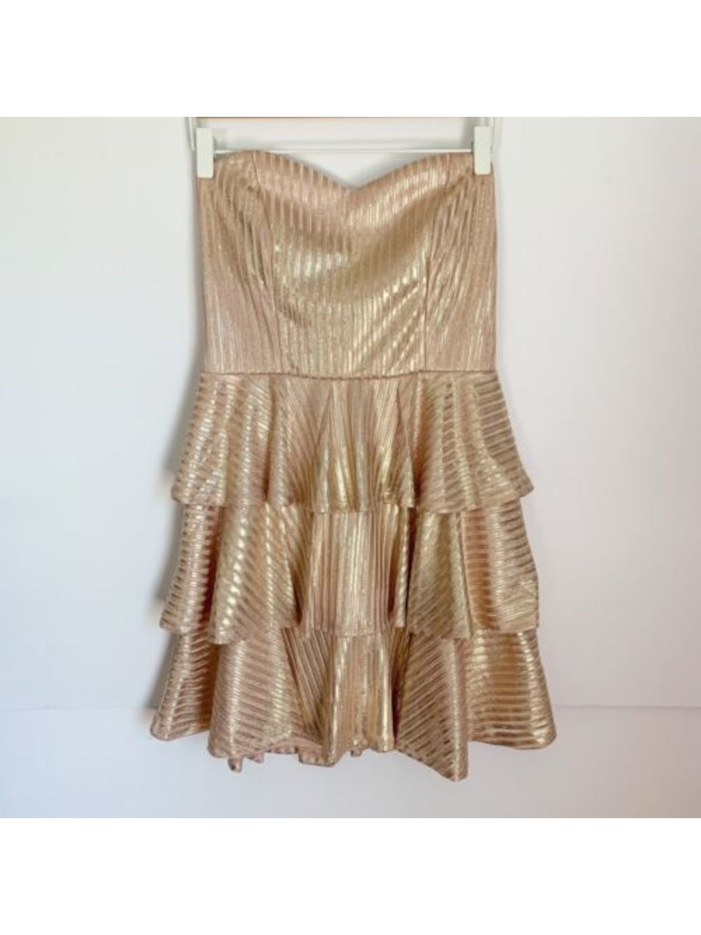 TRIXXI Womens Gold Metallic Zippered Tiered Ruffled Sweetheart Neck Striped Sleeveless Strapless Short Party Fit + Flare Dress 9