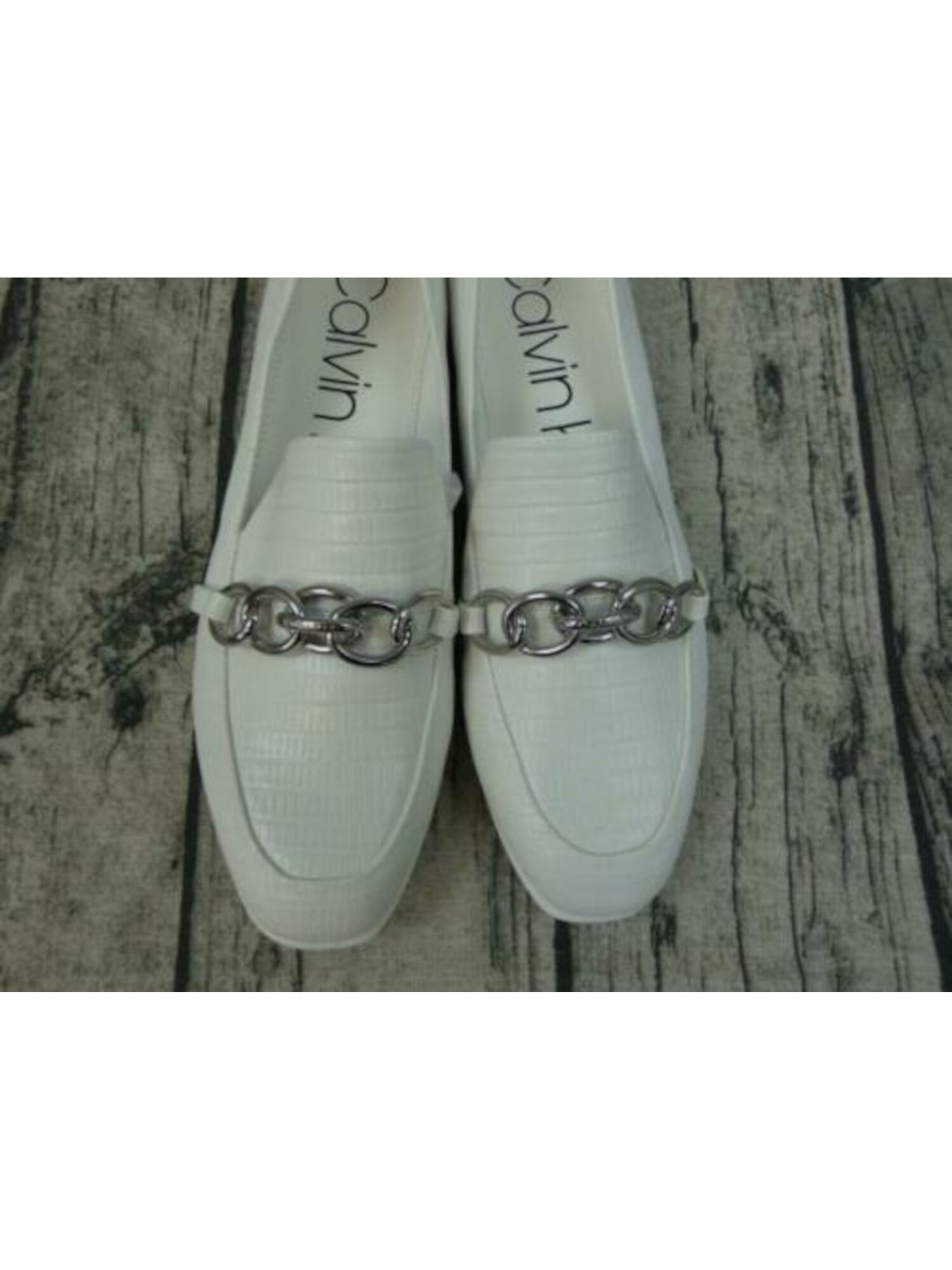 CALVIN KLEIN Womens White Lizard Print Chain Link Accent Comfort Logo Banda Almond Toe Wedge Slip On Loafers Shoes 6 M